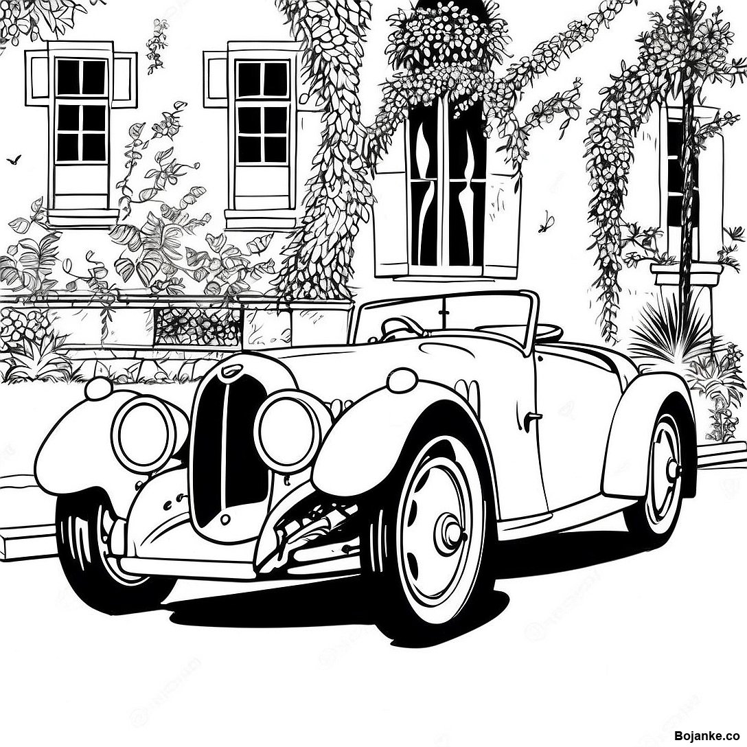 Besplatna za štampu Vintage Bugatti Type 35 Bojanka stranica za bojanje iz kolekcije Automobili — crno-bela kontura za decu i odrasle.